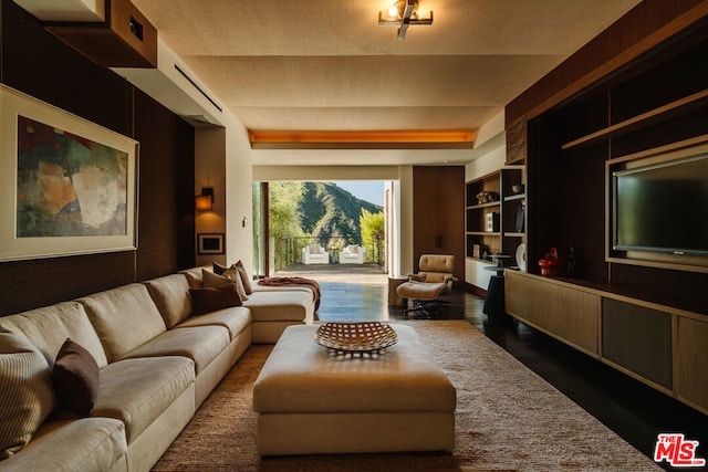 living room with dark wood-type flooring