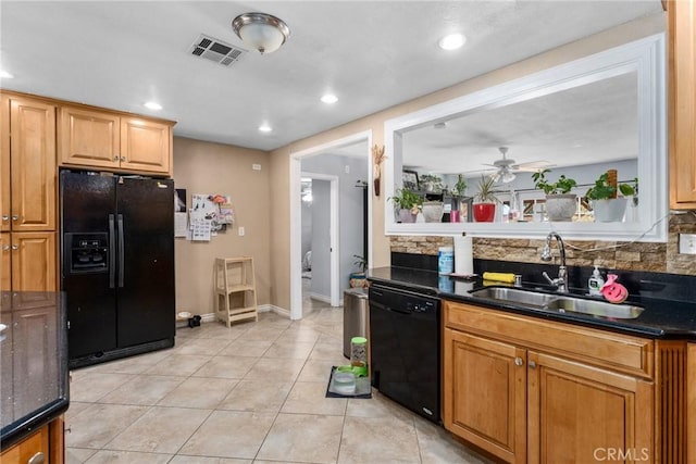 kitchen featuring light tile patterned flooring, sink, black appliances, ceiling fan, and backsplash