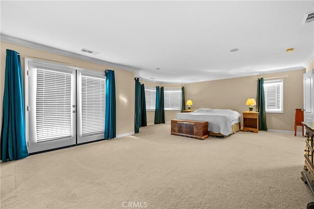 carpeted bedroom with crown molding