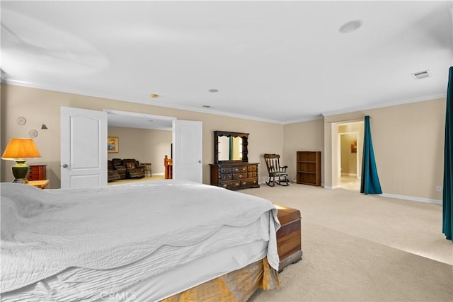 bedroom featuring light colored carpet and crown molding