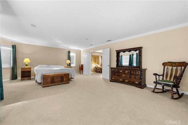 carpeted bedroom with crown molding and multiple windows