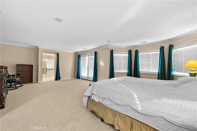 carpeted bedroom with ornamental molding