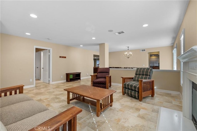 living room featuring a chandelier