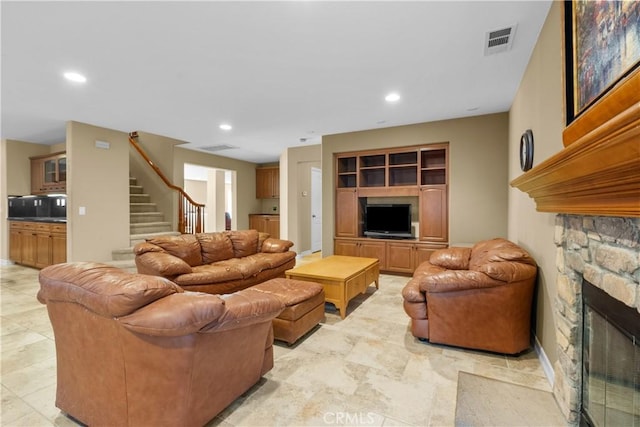 living room with a fireplace