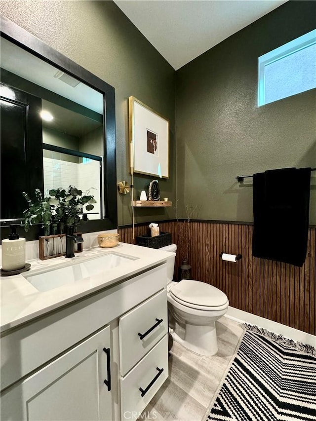 bathroom with toilet, vanity, and wooden walls