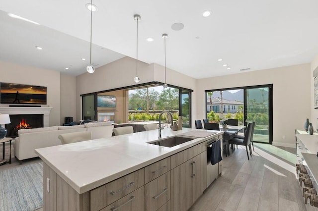 kitchen with a kitchen island with sink, sink, pendant lighting, dishwasher, and light hardwood / wood-style floors