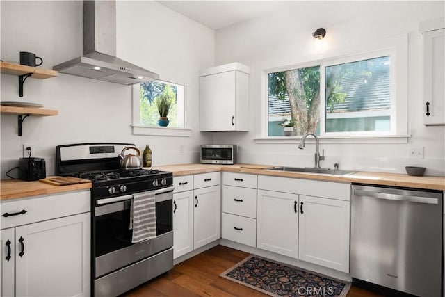 kitchen with butcher block countertops, sink, wall chimney exhaust hood, and stainless steel appliances