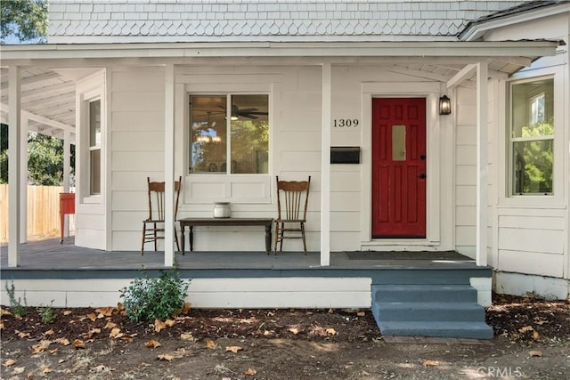 doorway to property featuring a porch