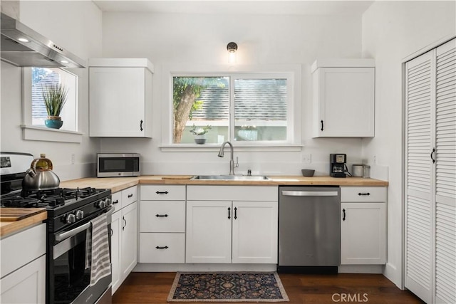 kitchen featuring white cabinets, stainless steel appliances, a wealth of natural light, and wall chimney exhaust hood