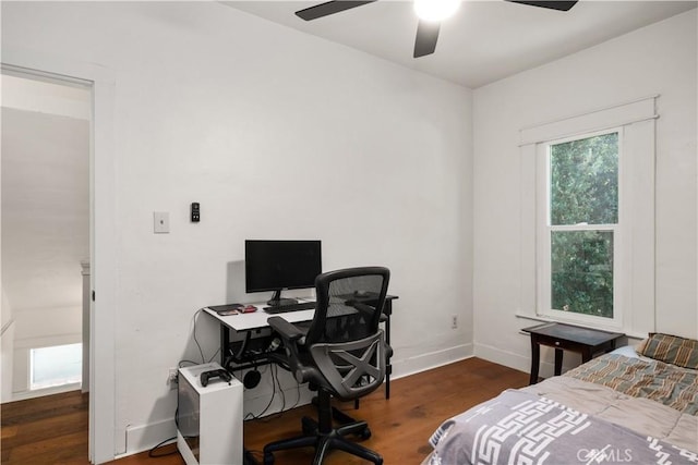 bedroom featuring ceiling fan and dark hardwood / wood-style flooring