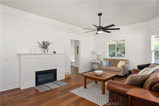 living room with ceiling fan and dark hardwood / wood-style flooring