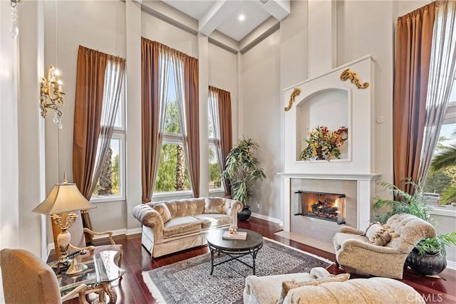 living area with beam ceiling, dark wood-type flooring, and a high ceiling