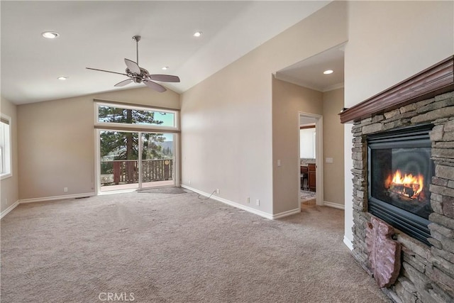 27554 N Bay Rd, Lake Arrowhead, CA 92352 - unfurnished living room featuring a fireplace, carpet flooring, a ceiling fan, lofted ceiling, and recessed lighting