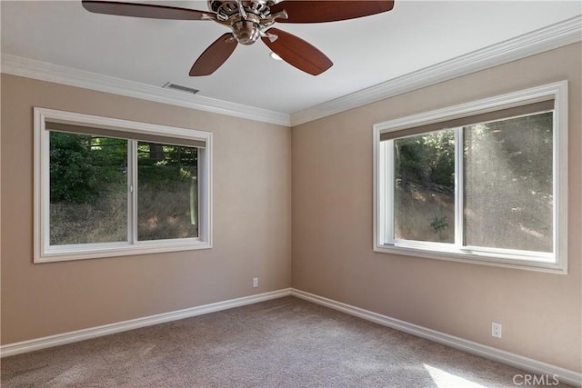 27554 N Bay Rd, Lake Arrowhead, CA 92352 - carpeted spare room with healthy amount of natural light, crown molding, and ceiling fan