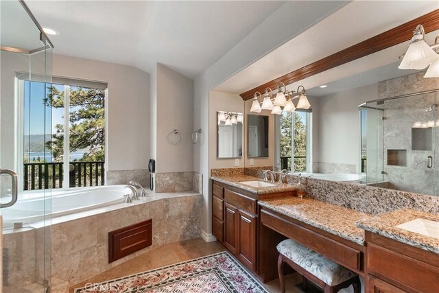 27554 N Bay Rd, Lake Arrowhead, CA 92352 - bathroom with a bath, double vanity, a stall shower, tile patterned flooring, and recessed lighting