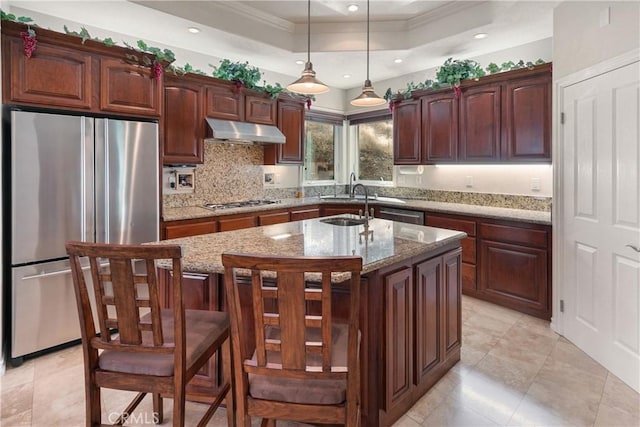 27554 N Bay Rd, Lake Arrowhead, CA 92352 - kitchen with appliances with stainless steel finishes, under cabinet range hood, ornamental molding, a tray ceiling, and tasteful backsplash