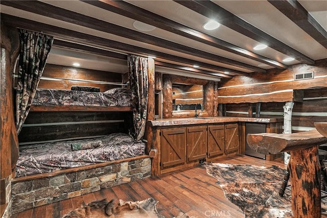 27554 N Bay Rd, Lake Arrowhead, CA 92352 - bar area featuring beam ceiling, wood-type flooring, and refrigerator