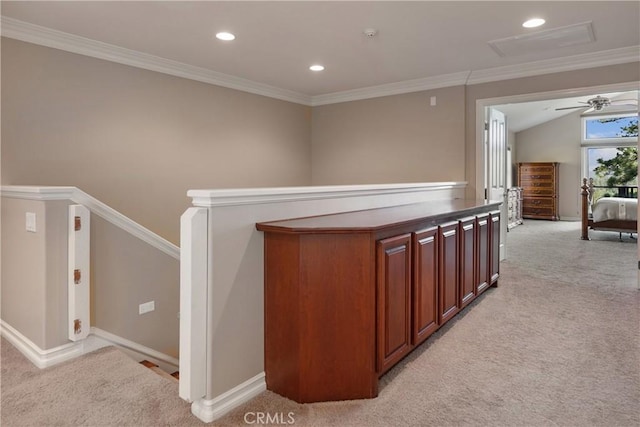 27554 N Bay Rd, Lake Arrowhead, CA 92352 - corridor featuring light colored carpet, an upstairs landing, crown molding, recessed lighting, and attic access