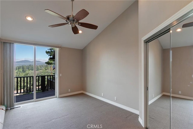 27554 N Bay Rd, Lake Arrowhead, CA 92352 - unfurnished room featuring vaulted ceiling, carpet flooring, a ceiling fan, a mountain view, and recessed lighting