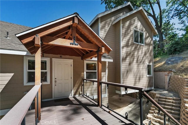 27554 N Bay Rd, Lake Arrowhead, CA 92352 - entrance to property featuring a wooden deck