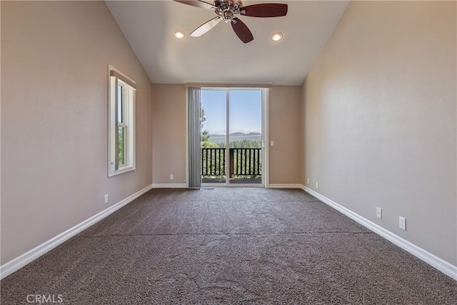 27554 N Bay Rd, Lake Arrowhead, CA 92352 - carpeted empty room with a ceiling fan, vaulted ceiling, and recessed lighting