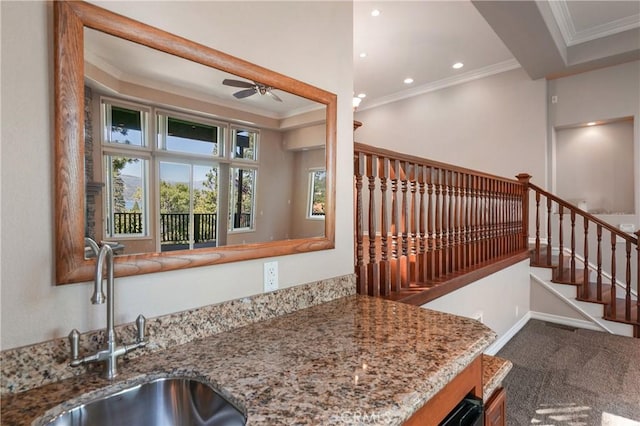 27554 N Bay Rd, Lake Arrowhead, CA 92352 - kitchen with crown molding, ceiling fan, light stone countertops, carpet, and recessed lighting
