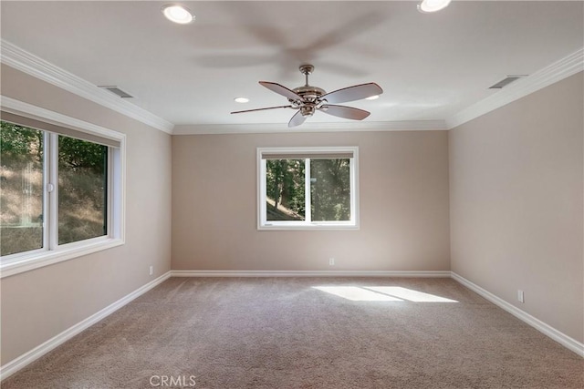 27554 N Bay Rd, Lake Arrowhead, CA 92352 - empty room featuring plenty of natural light, carpet, ceiling fan, ornamental molding, and recessed lighting