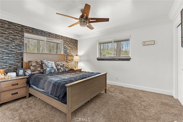 bedroom featuring ceiling fan, light colored carpet, and crown molding