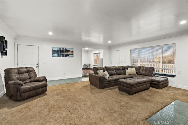 living room with crown molding and light carpet