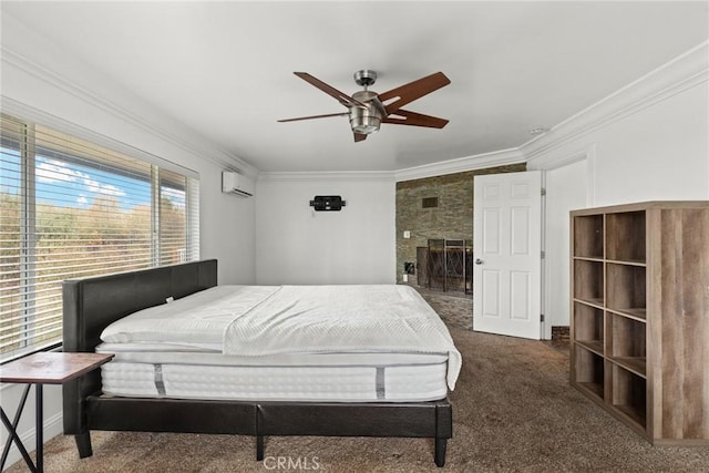 carpeted bedroom featuring an AC wall unit, ceiling fan, and ornamental molding