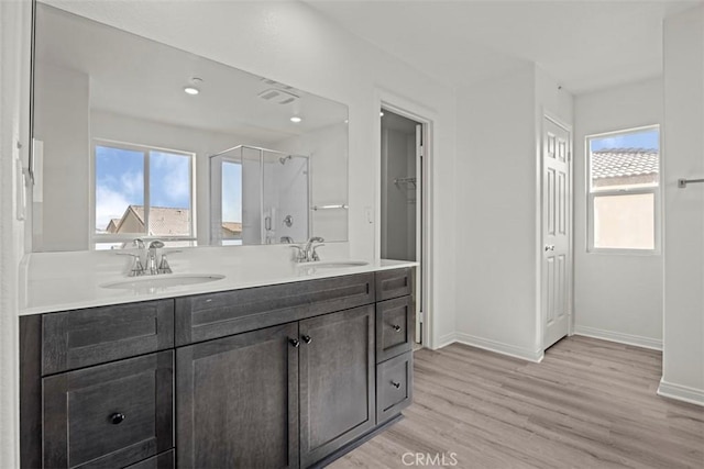 bathroom with vanity, hardwood / wood-style flooring, and an enclosed shower