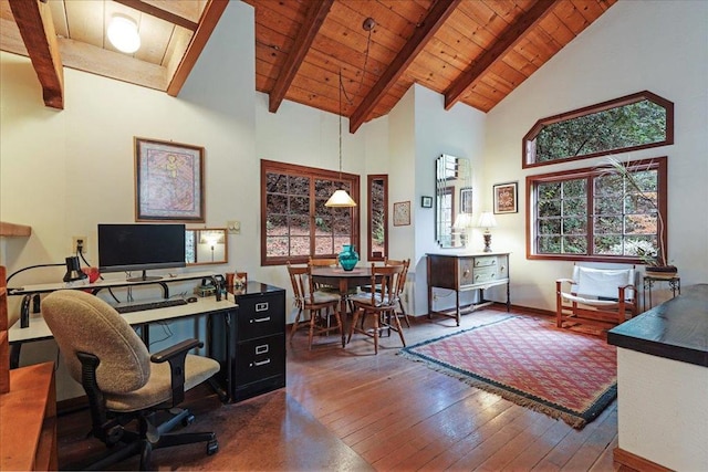 office area with wood ceiling, beam ceiling, high vaulted ceiling, and dark hardwood / wood-style floors