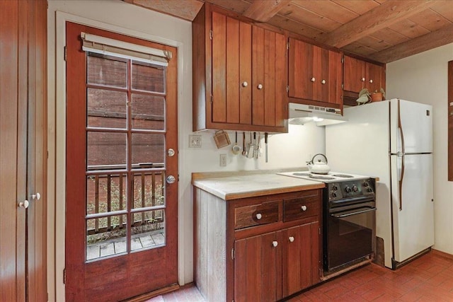 kitchen featuring black electric range, wooden ceiling, beamed ceiling, and white fridge