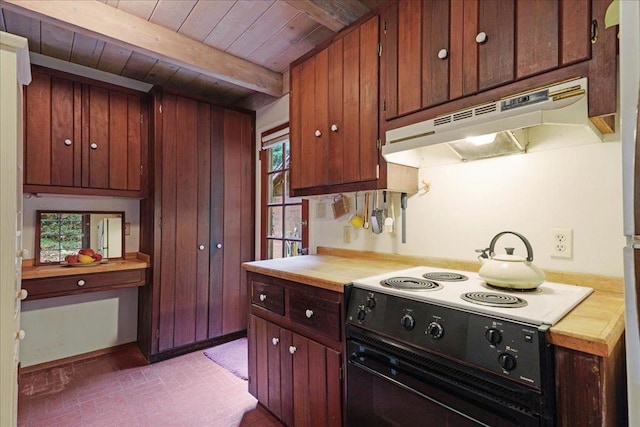 kitchen with range with electric cooktop, wood walls, beam ceiling, and wooden ceiling