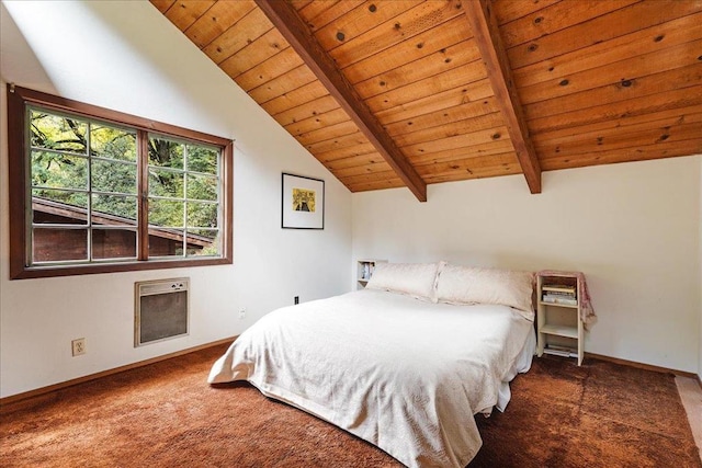 carpeted bedroom featuring wooden ceiling and vaulted ceiling with beams