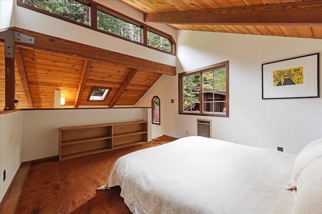 carpeted bedroom with vaulted ceiling with beams and wooden ceiling