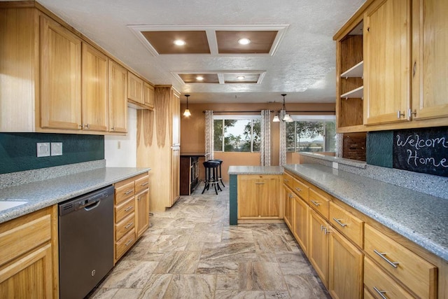 kitchen featuring decorative backsplash, light stone counters, a textured ceiling, pendant lighting, and black dishwasher