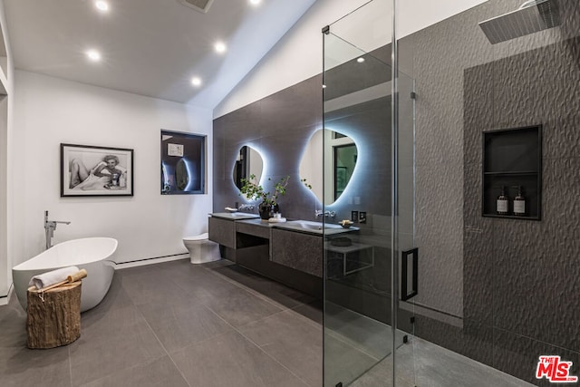 full bathroom featuring lofted ceiling, tile patterned flooring, vanity, plus walk in shower, and toilet