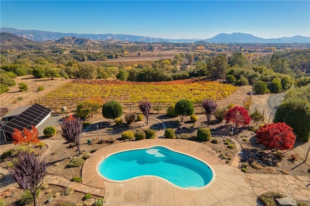 view of pool featuring a patio area and a mountain view