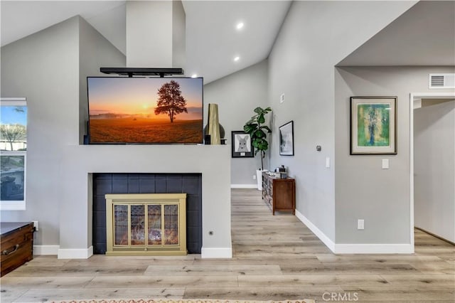 living room featuring a fireplace and light hardwood / wood-style floors