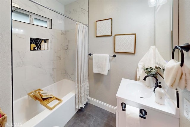 bathroom with tile patterned floors, vanity, and shower / tub combo