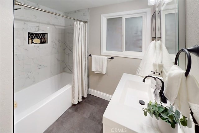 bathroom featuring vanity and shower / bath combination with curtain