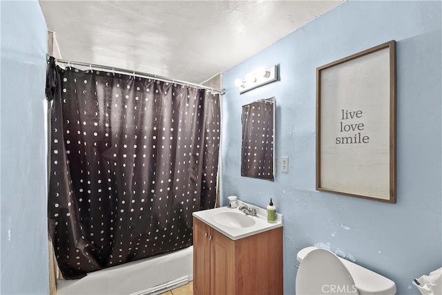 bathroom with shower / bathtub combination with curtain, toilet, and vanity