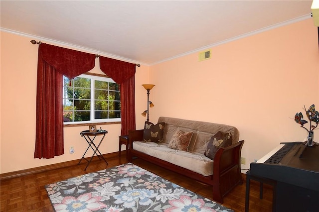 living area with dark parquet flooring and crown molding