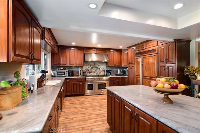 kitchen featuring high end appliances, backsplash, sink, light hardwood / wood-style floors, and light stone counters