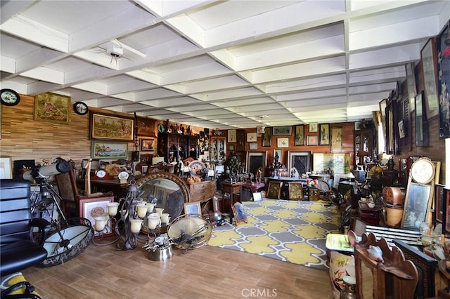 miscellaneous room featuring hardwood / wood-style floors, ceiling fan, and wood walls