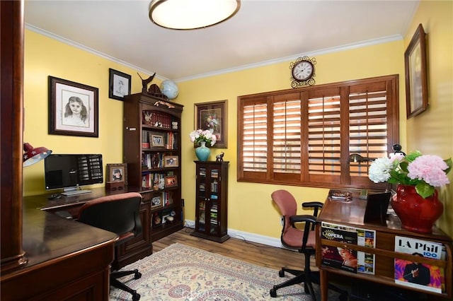 office featuring ornamental molding and light hardwood / wood-style flooring