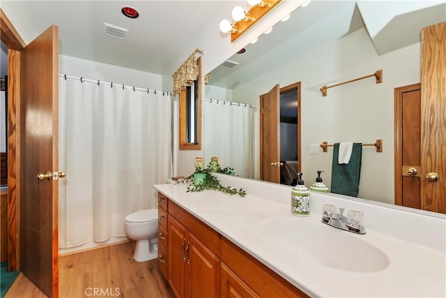 bathroom with vanity, wood-type flooring, and toilet