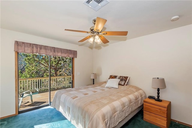 bedroom with access to exterior, carpet flooring, and ceiling fan