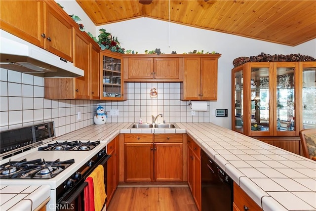 kitchen with vaulted ceiling, white range with gas cooktop, and tile counters